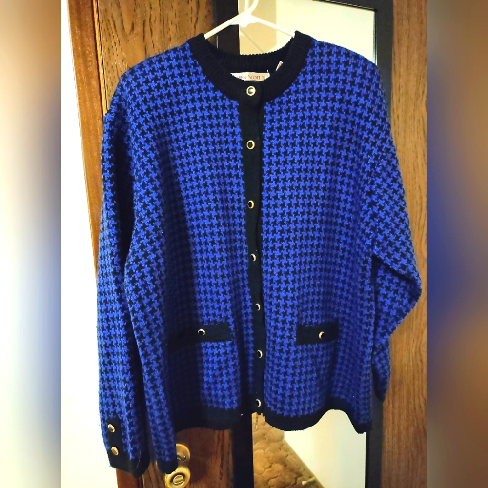NWOT Blue Herringbone Cardigan Sweater By Karen Scott